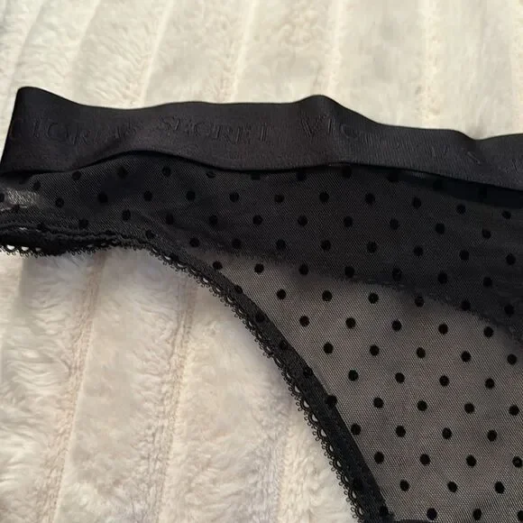 NWT Victoria’s Secret Mesh Sheer Polka Dot Black Logo Thong- Size Medium - Picture 2 of 4